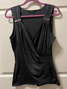White House Black Market Gray  Faux-Wrap Sleeveless Top with Metallic Accents LG